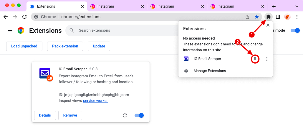 Truth Social Likes Scraper chrome extension install pin